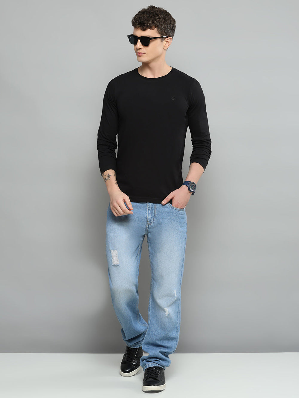 Men Black Solid Round Neck Full Sleeve T-Shirt - Goyalsons ShopMax