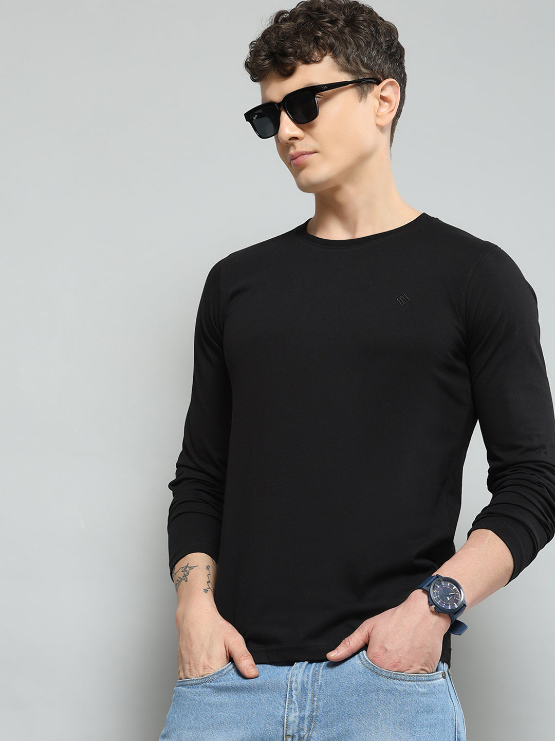 Men Black Solid Round Neck Full Sleeve T-Shirt - Goyalsons ShopMax