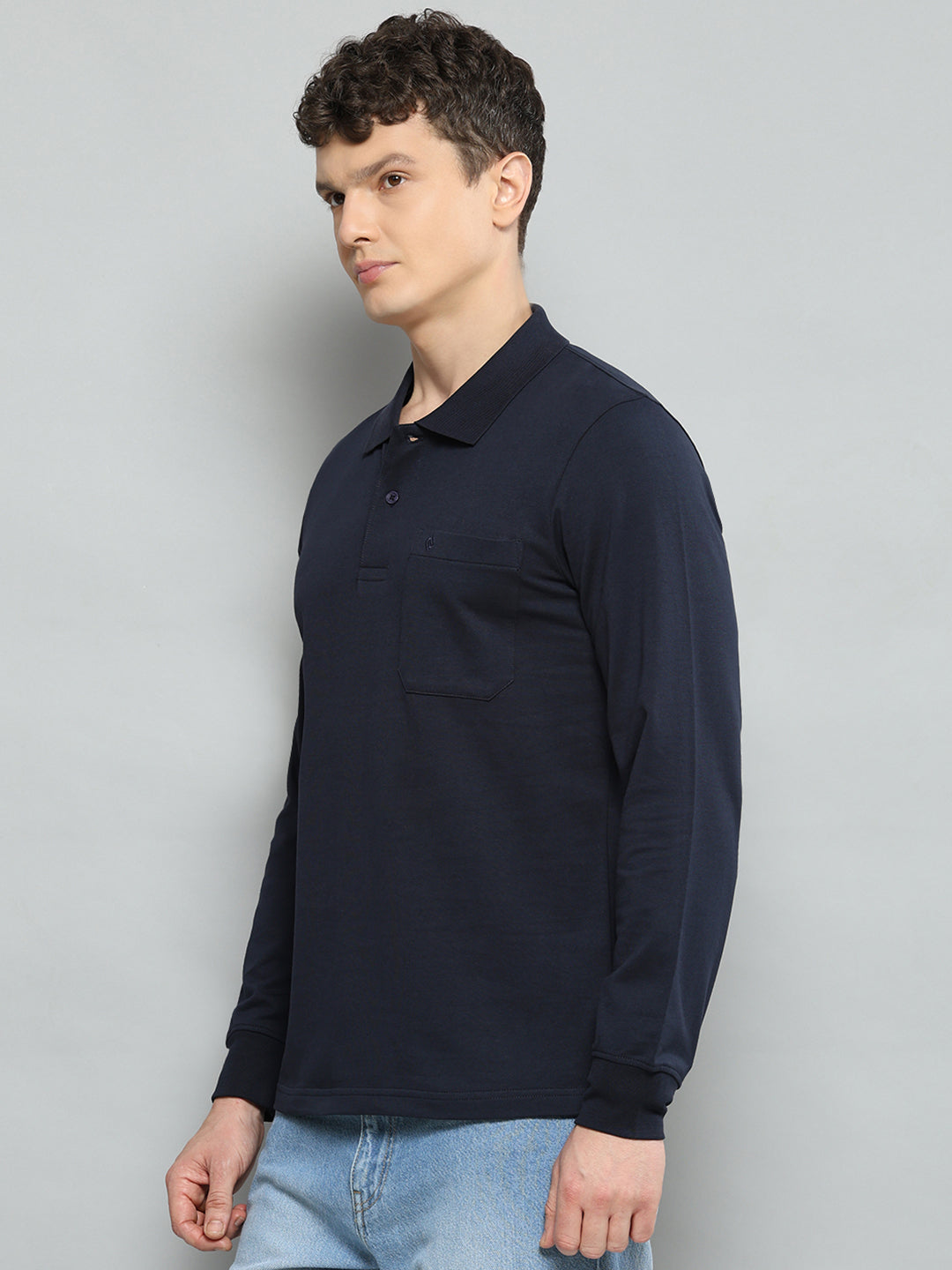 Men Navy Blue Solid Polo Collar Full Sleeve T-Shirt - Goyalsons ShopMax