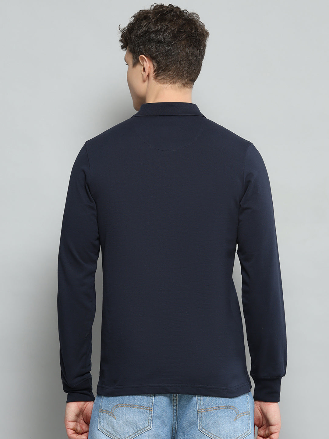 Men Navy Blue Solid Polo Collar Full Sleeve T-Shirt - Goyalsons ShopMax