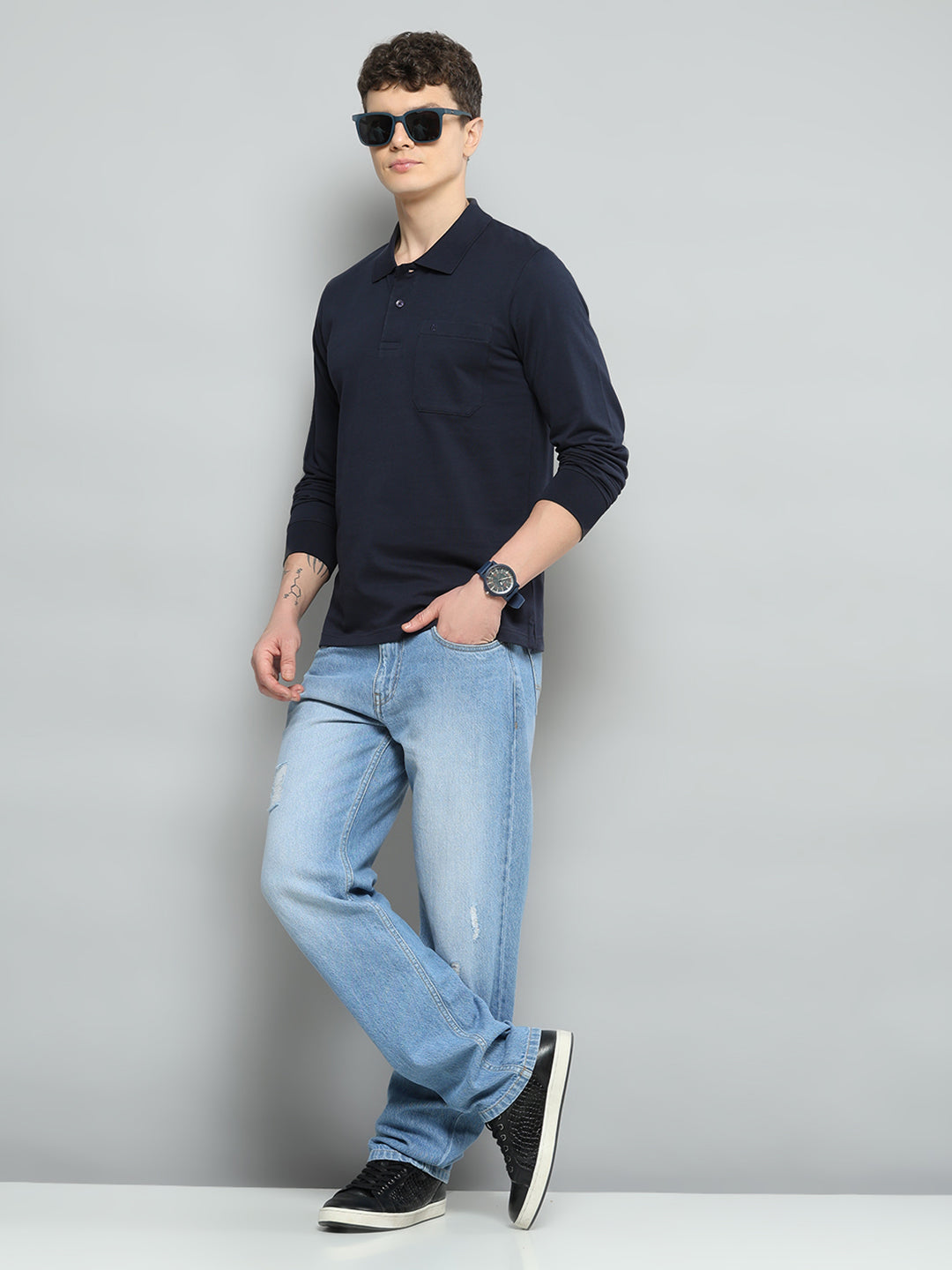 Men Navy Blue Solid Polo Collar Full Sleeve T-Shirt - Goyalsons ShopMax