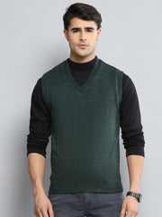 Men Green Solid V Neck Sleeveless Sweater