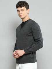 Men Grey Solid V Neck Full Sleeve Pullover - Goyalsons ShopMax