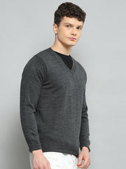 Men Grey Solid V Neck Full Sleeve Pullover - Goyalsons ShopMax