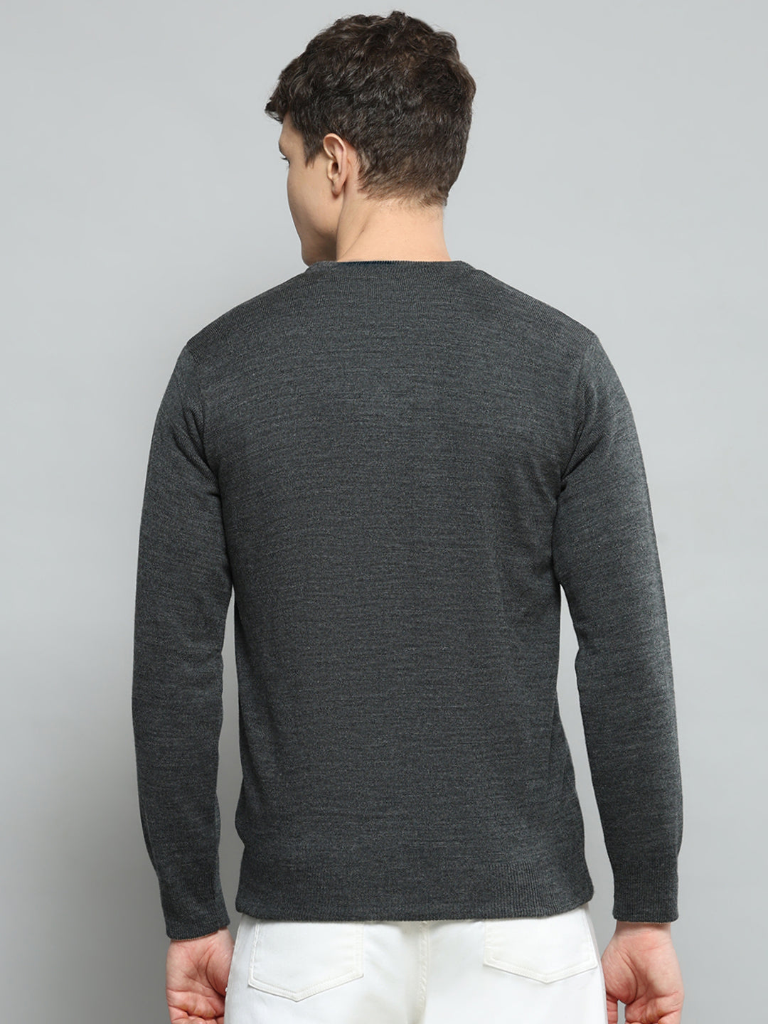 Men Grey Solid V Neck Full Sleeve Pullover - Goyalsons ShopMax