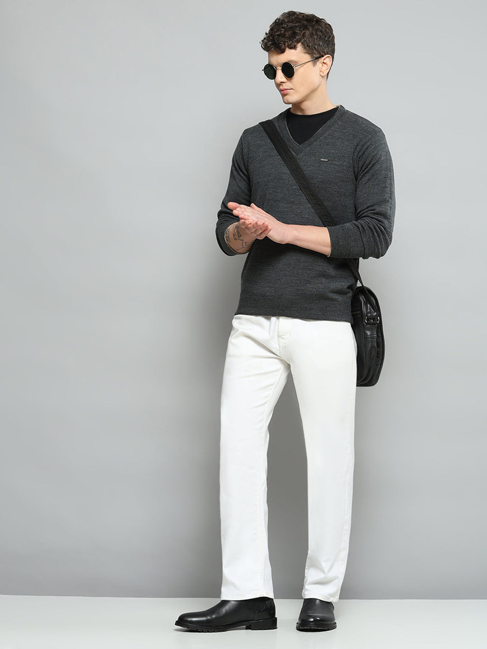 Men Grey Solid V Neck Full Sleeve Pullover - Goyalsons ShopMax