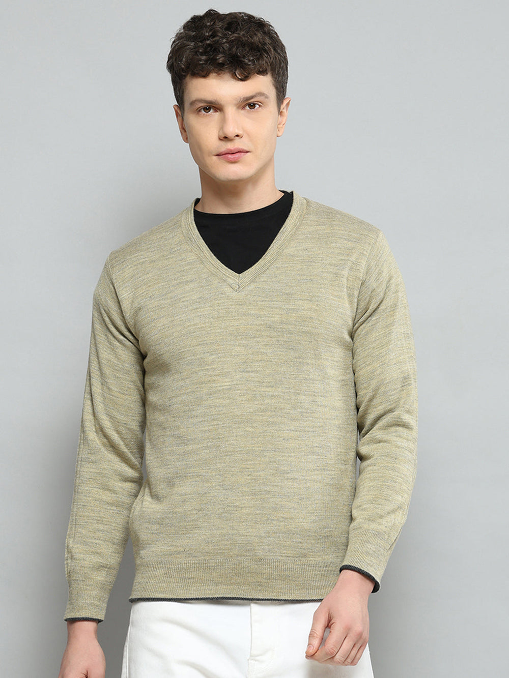Men Grey Solid V Neck Full Sleeve Pullover - Goyalsons ShopMax