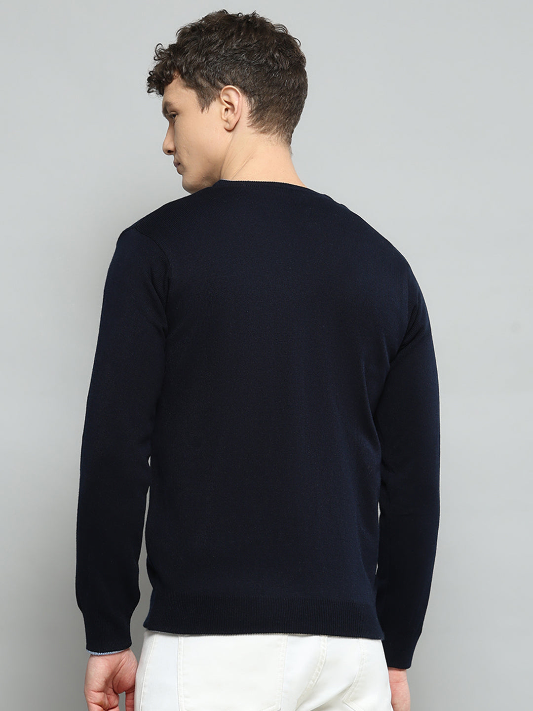 Men Navy Blue Solid V Neck Full Sleeve Pullover - Goyalsons ShopMax