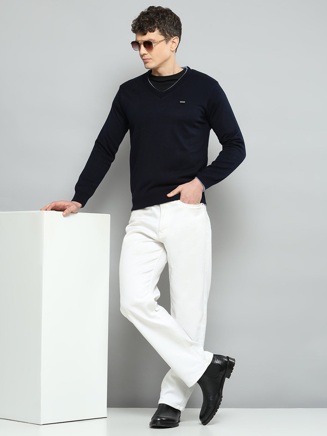 Men Navy Blue Solid V Neck Full Sleeve Pullover - Goyalsons ShopMax