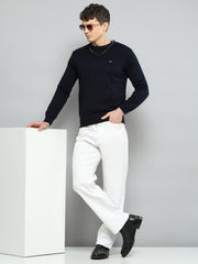 Men Navy Blue Solid V Neck Full Sleeve Pullover - Goyalsons ShopMax