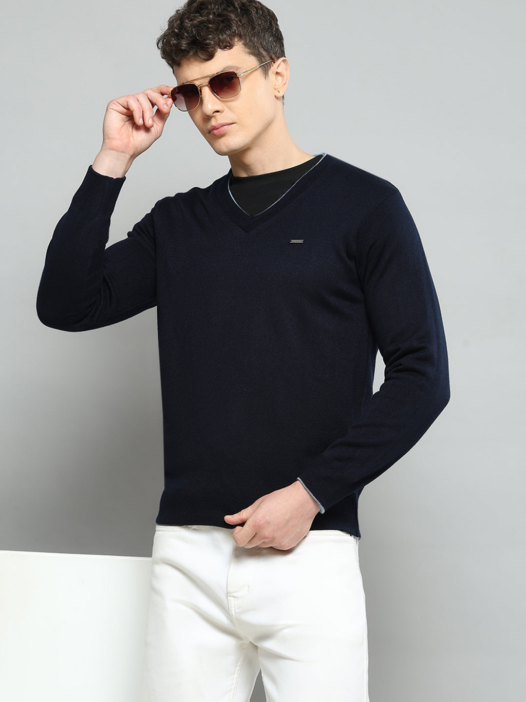 Men Navy Blue Solid V Neck Full Sleeve Pullover - Goyalsons ShopMax