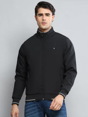 Men Black Solid Mock Neck Full Sleeve Jacket