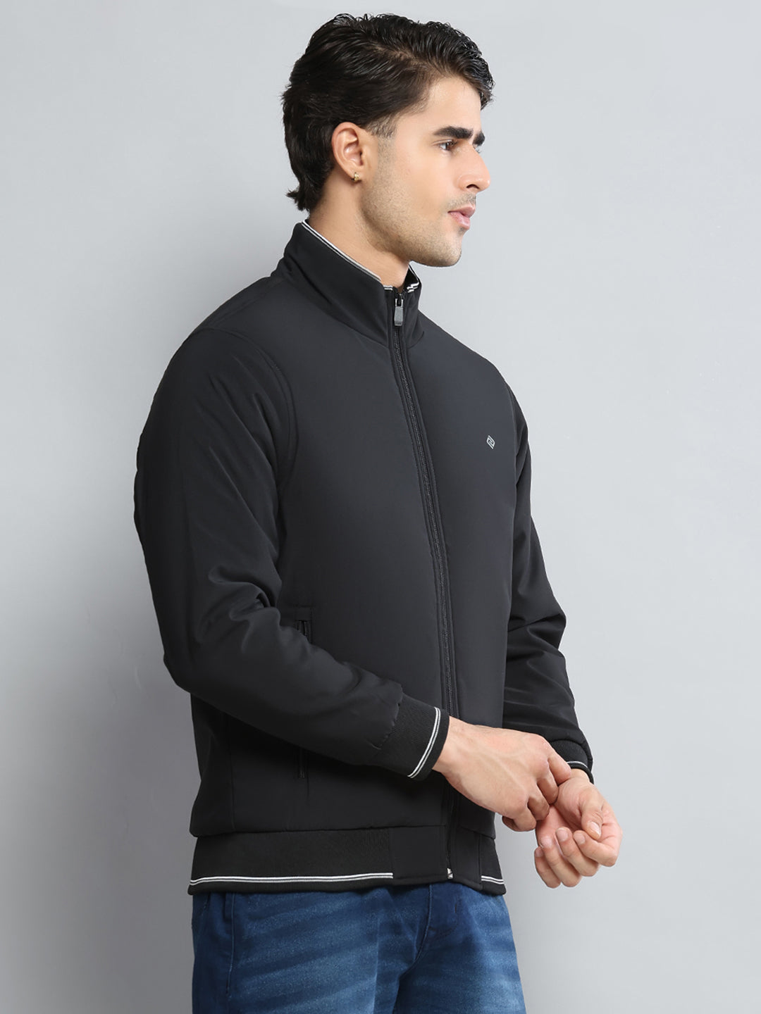 Men Black Solid Mock Neck Full Sleeve Jacket