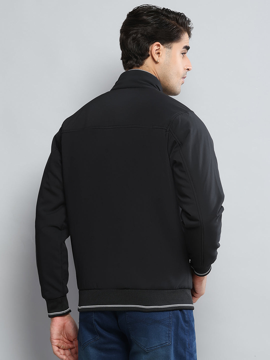 Men Black Solid Mock Neck Full Sleeve Jacket