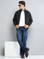 Men Black Solid Mock Neck Full Sleeve Jacket