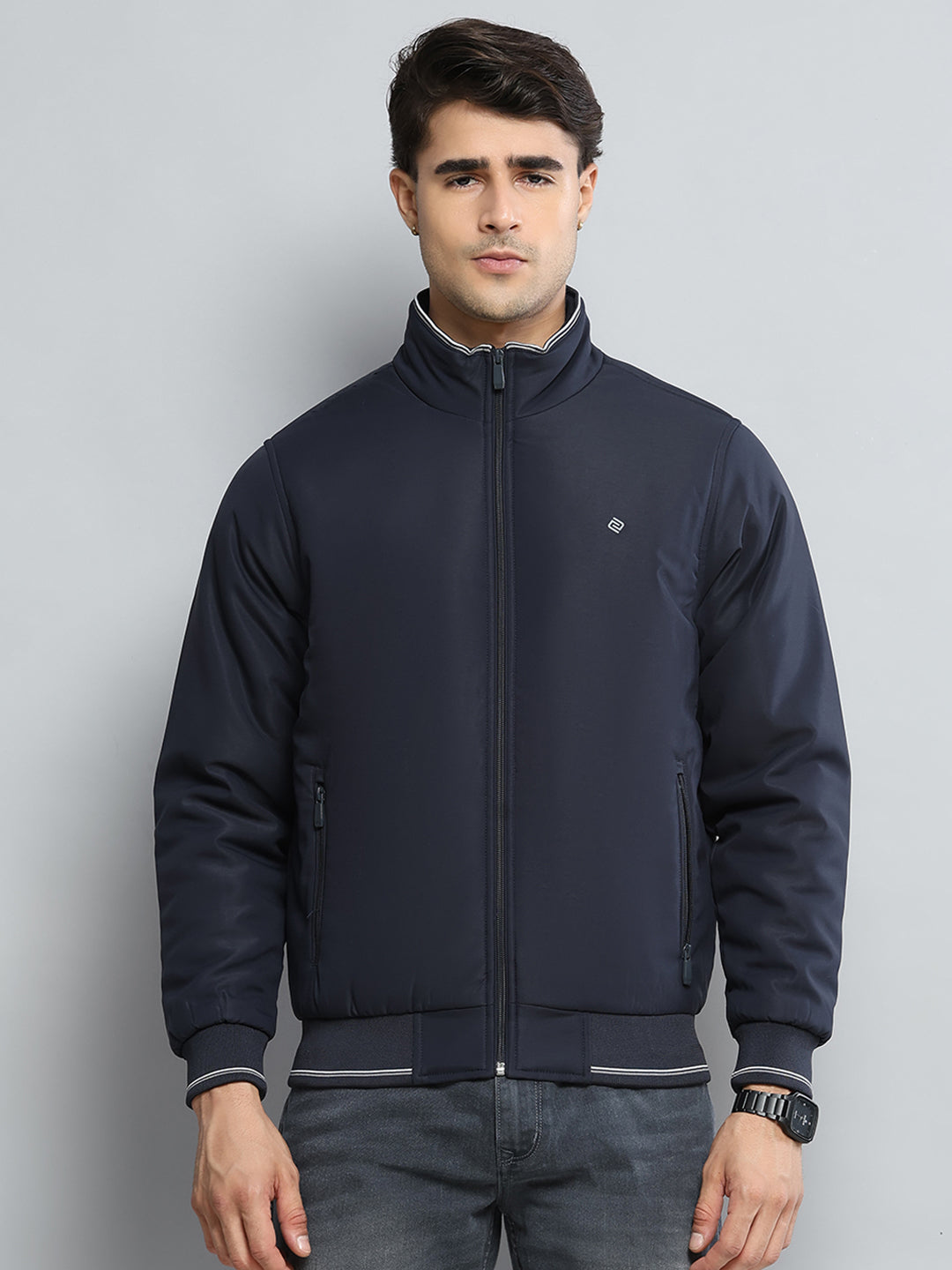 Men Navy Blue Solid Mock Neck Full Sleeve Jacket - Goyalsons ShopMax