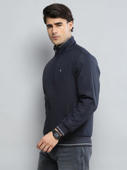 Men Navy Blue Solid Mock Neck Full Sleeve Jacket - Goyalsons ShopMax