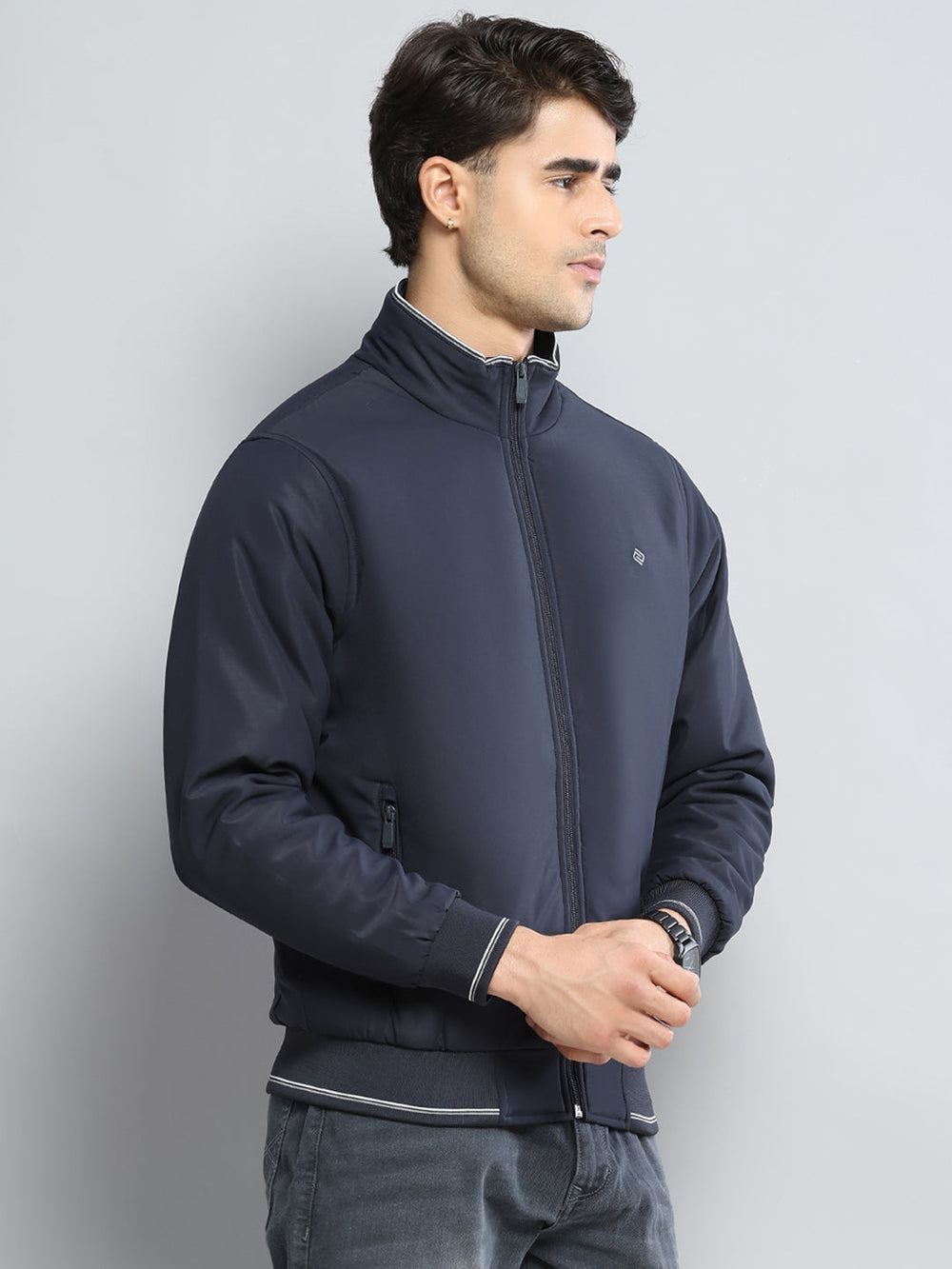 Men Navy Blue Solid Mock Neck Full Sleeve Jacket - Goyalsons ShopMax