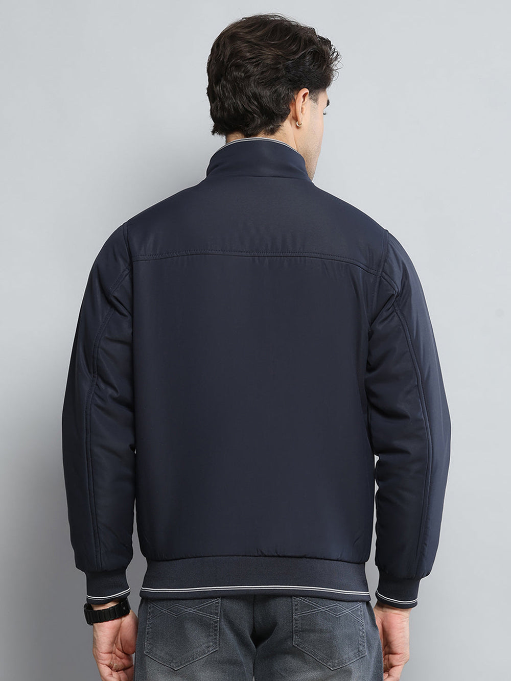 Men Navy Blue Solid Mock Neck Full Sleeve Jacket - Goyalsons ShopMax