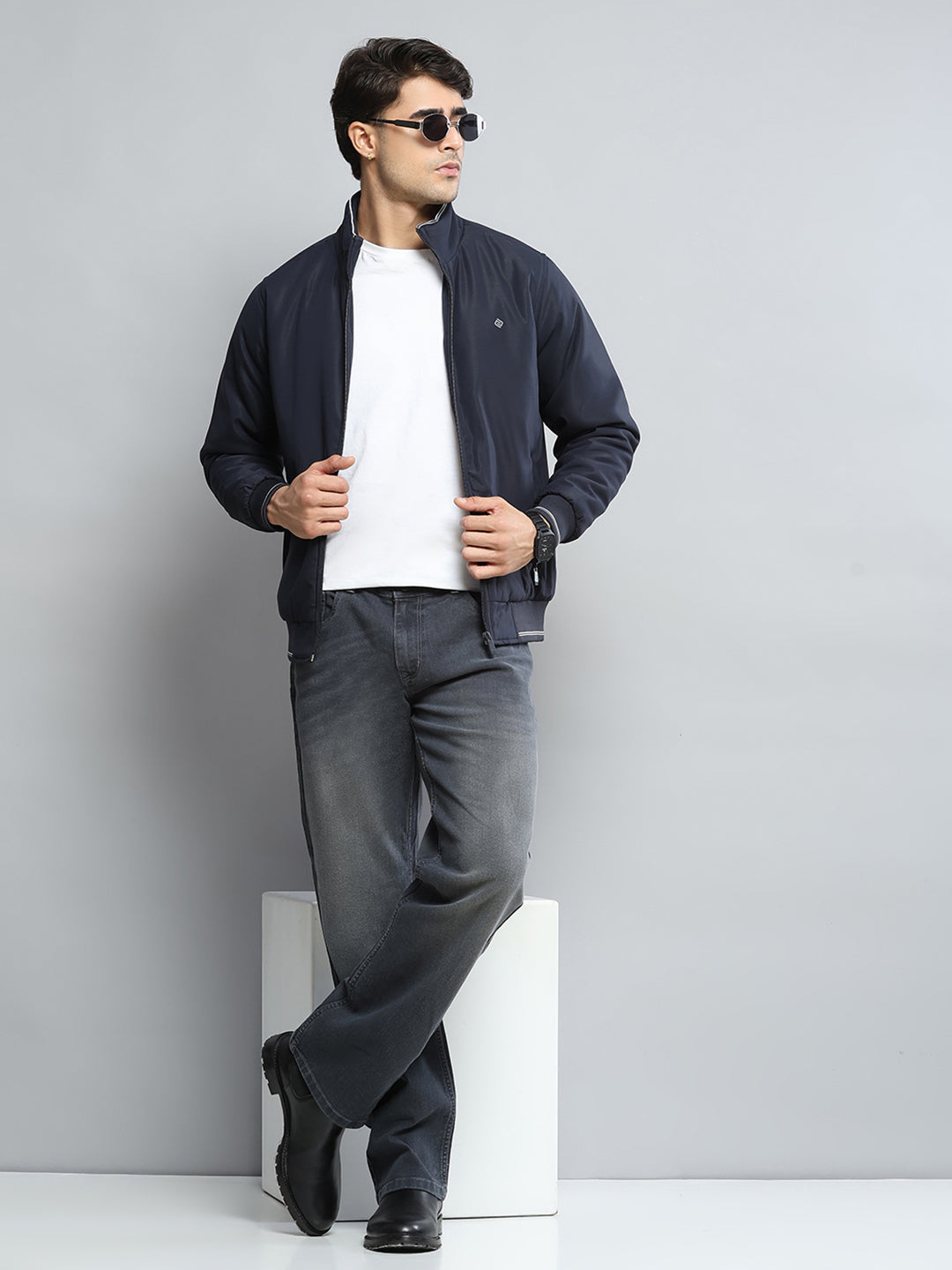 Men Navy Blue Solid Mock Neck Full Sleeve Jacket - Goyalsons ShopMax