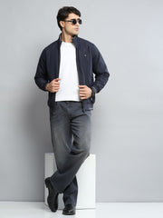 Men Navy Blue Solid Mock Neck Full Sleeve Jacket - Goyalsons ShopMax