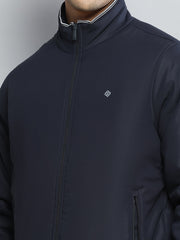 Men Navy Blue Solid Mock Neck Full Sleeve Jacket - Goyalsons ShopMax