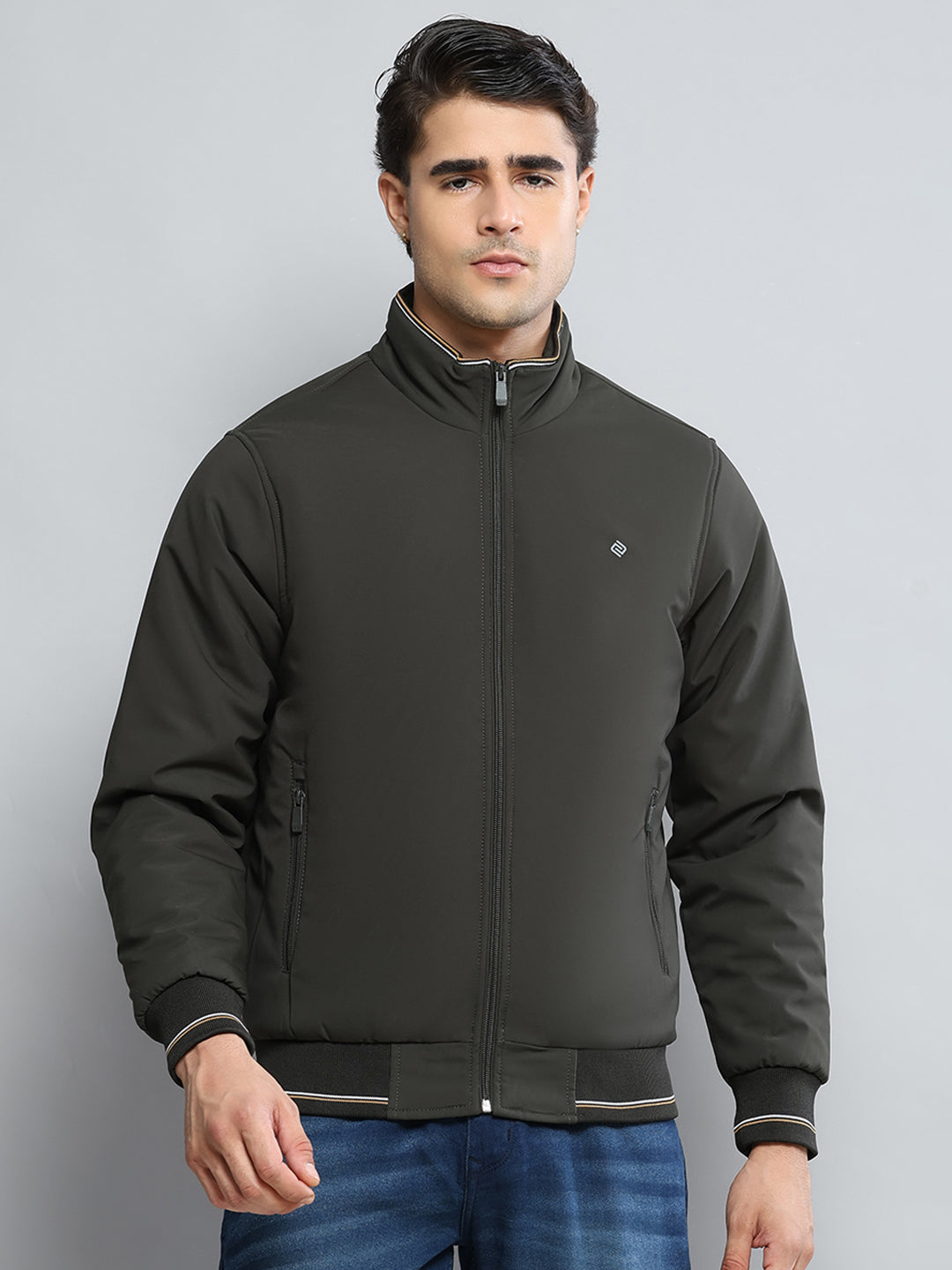 Men Olive Solid Mock Neck Full Sleeve Jacket