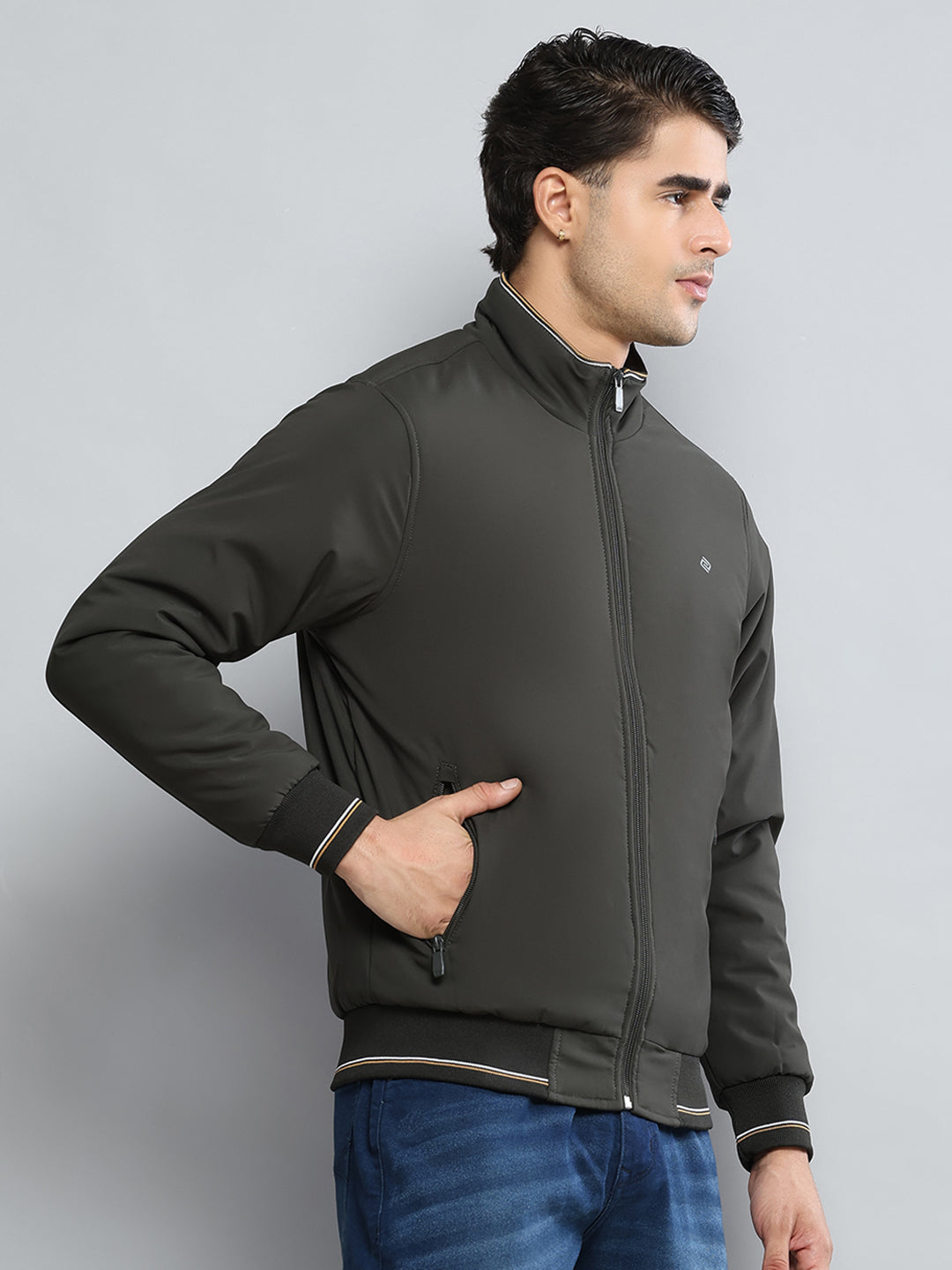 Men Olive Solid Mock Neck Full Sleeve Jacket