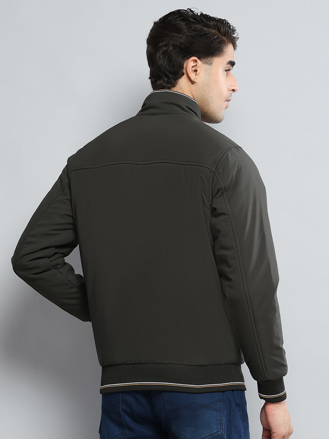 Men Olive Solid Mock Neck Full Sleeve Jacket