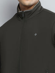 Men Olive Solid Mock Neck Full Sleeve Jacket