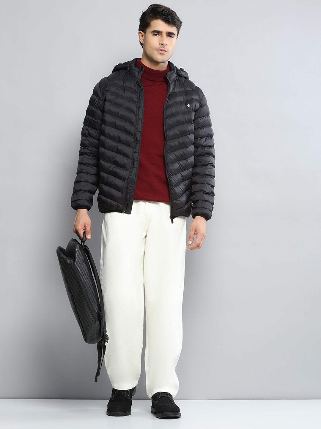 Men Black Solid Hooded Full Sleeve Jacket