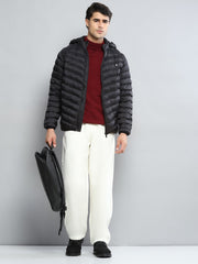 Men Black Solid Hooded Full Sleeve Jacket