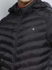 Men Black Solid Hooded Full Sleeve Jacket