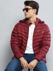 Men Maroon Solid Hooded Full Sleeve Jacket