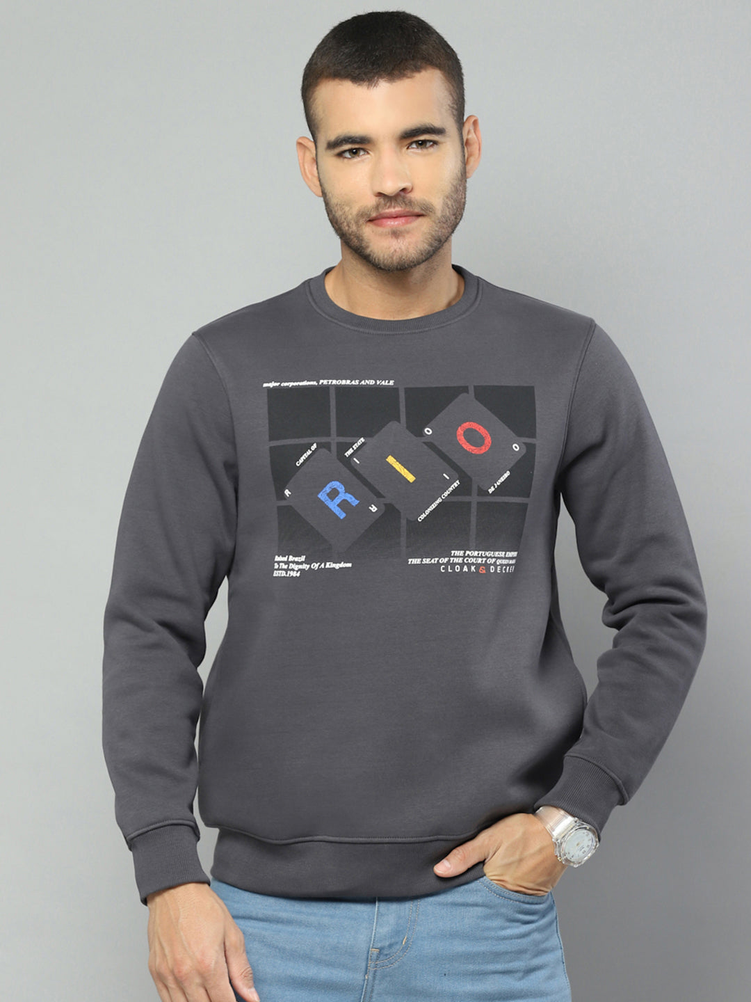 Men Charcoal Solid Round Neck Full Sleeve Sweatshirt