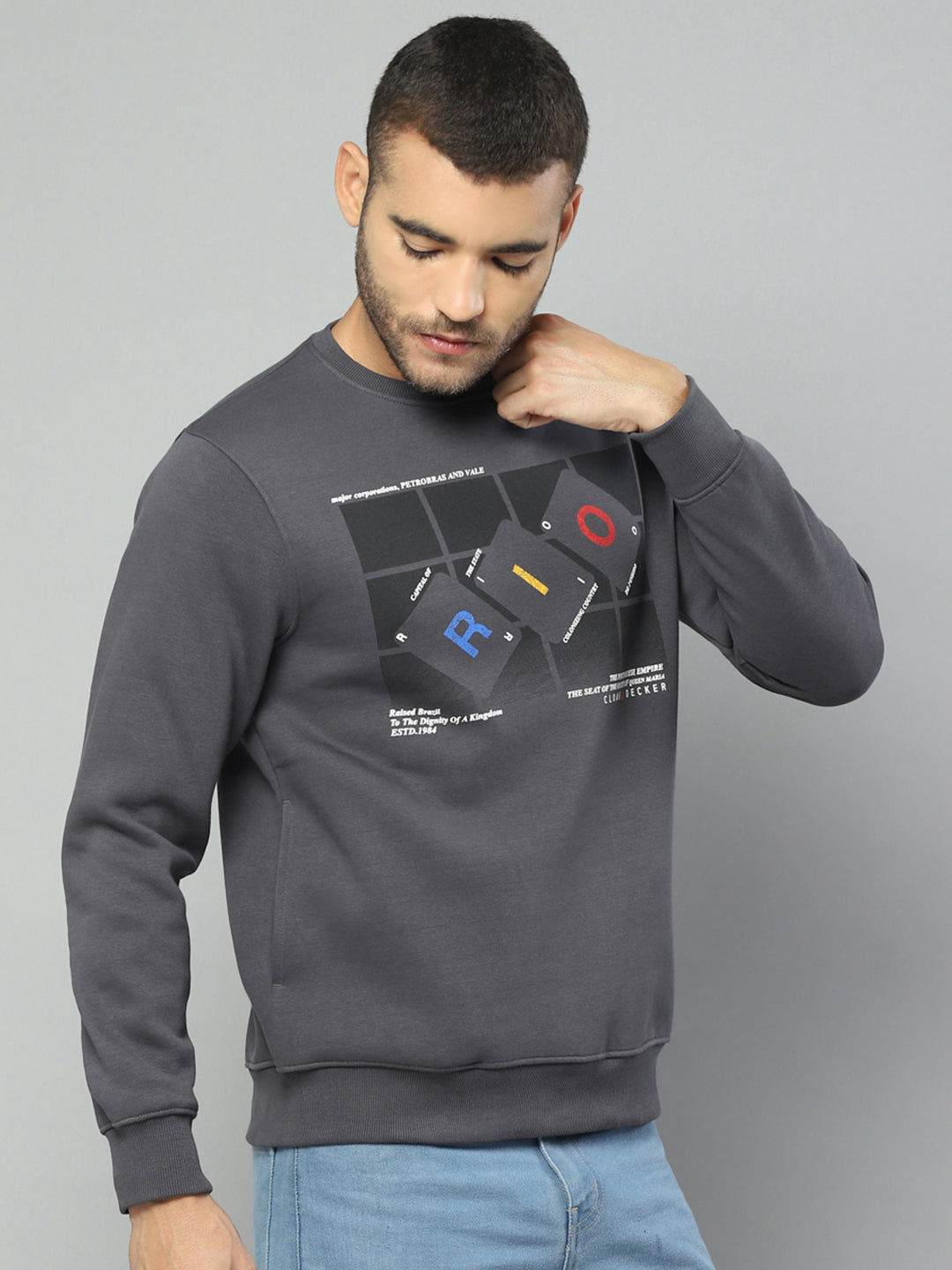 Men Charcoal Solid Round Neck Full Sleeve Sweatshirt