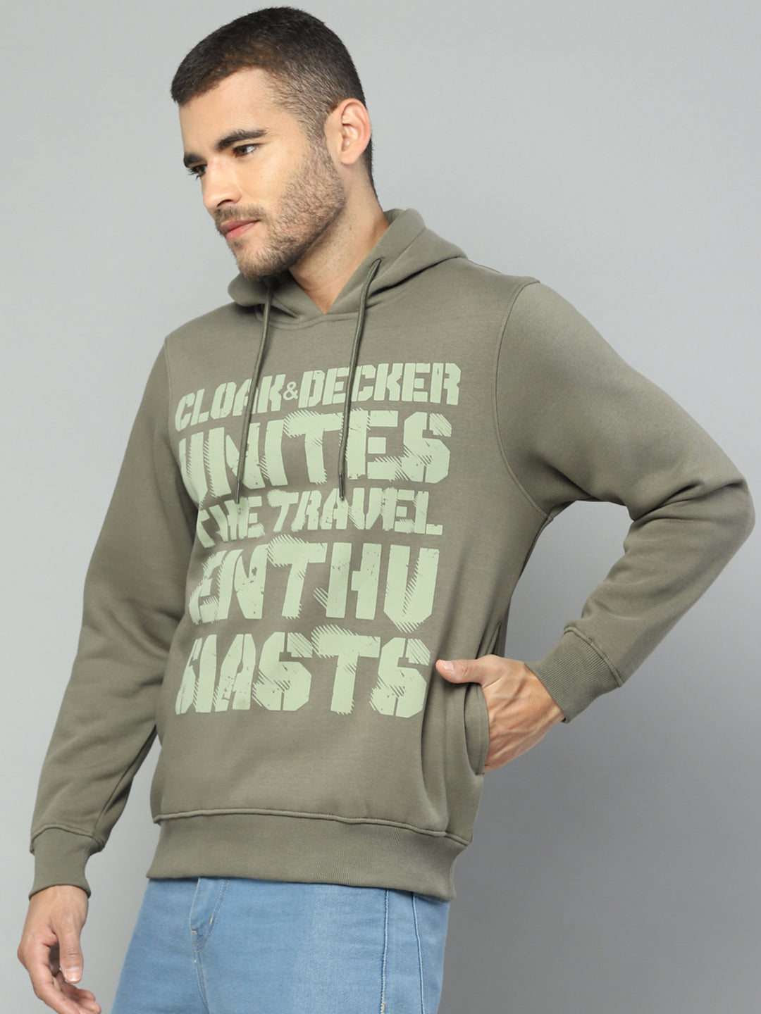 Men Olive Solid Hooded Full Sleeve Sweatshirt