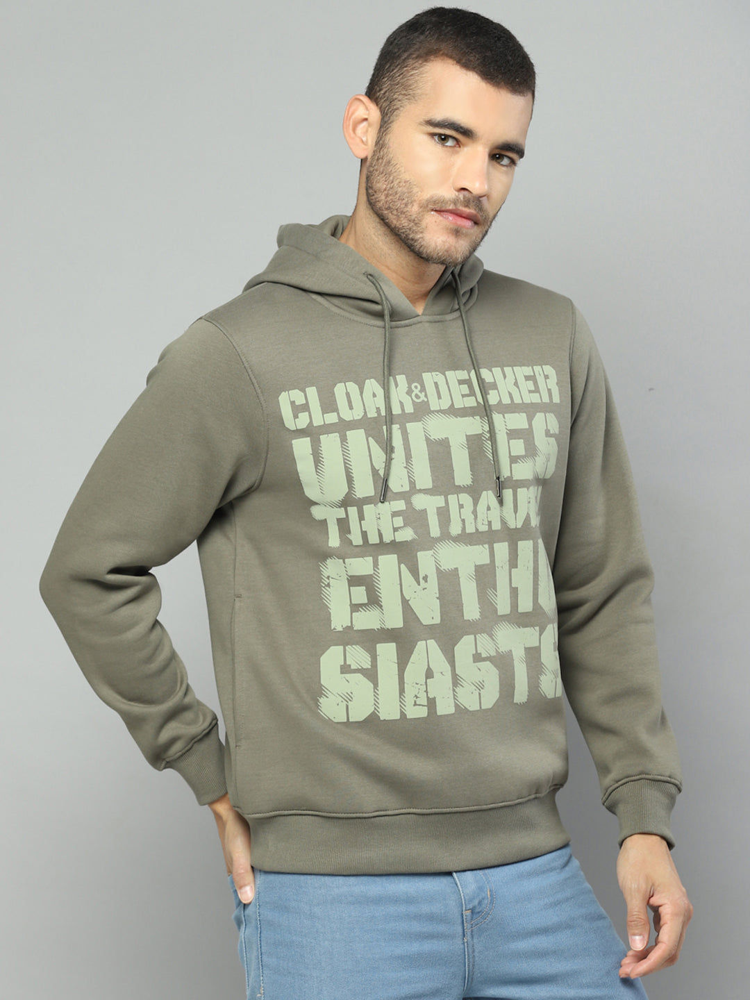 Men Olive Solid Hooded Full Sleeve Sweatshirt