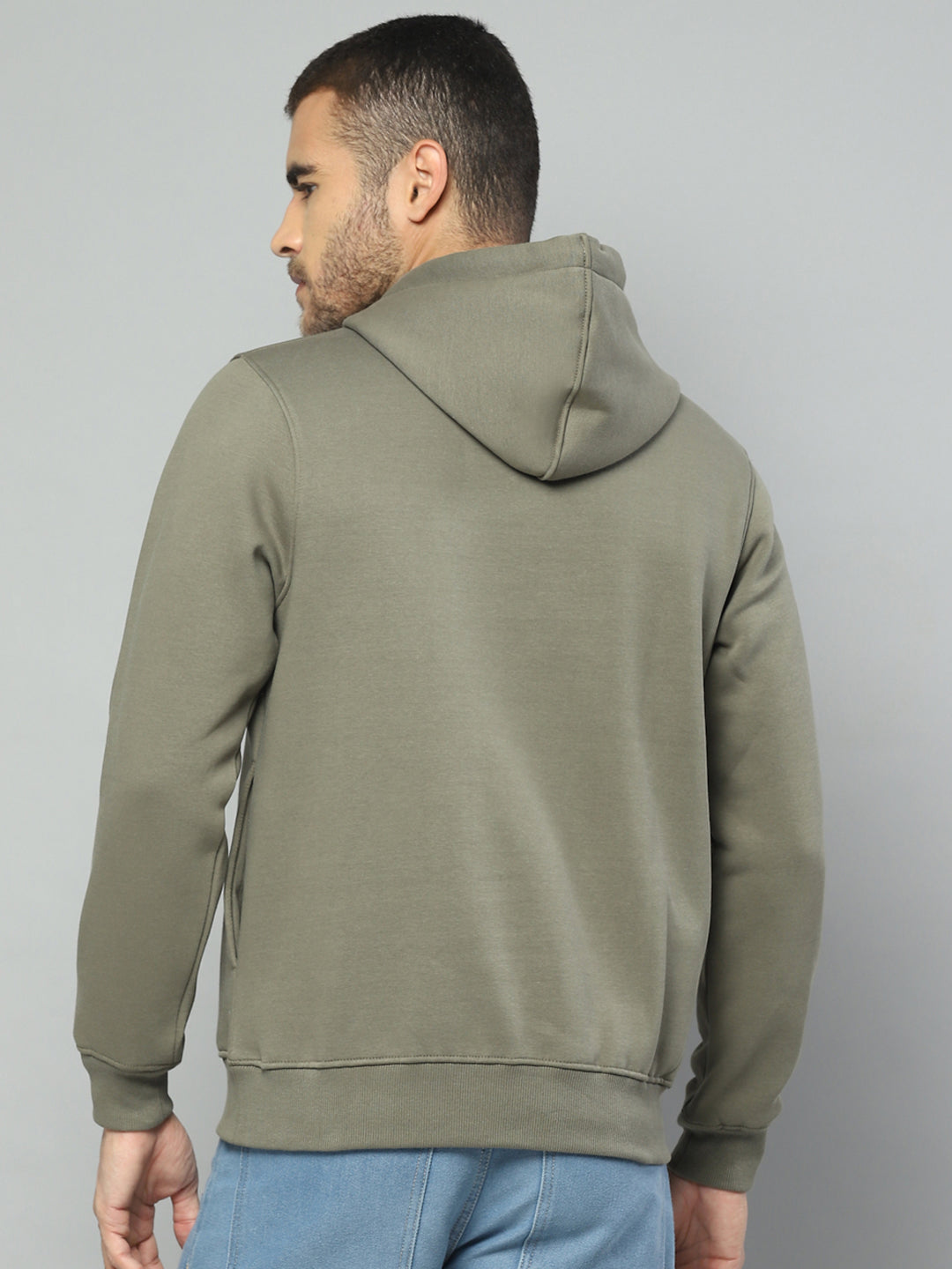 Men Olive Solid Hooded Full Sleeve Sweatshirt