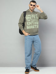 Men Olive Solid Hooded Full Sleeve Sweatshirt