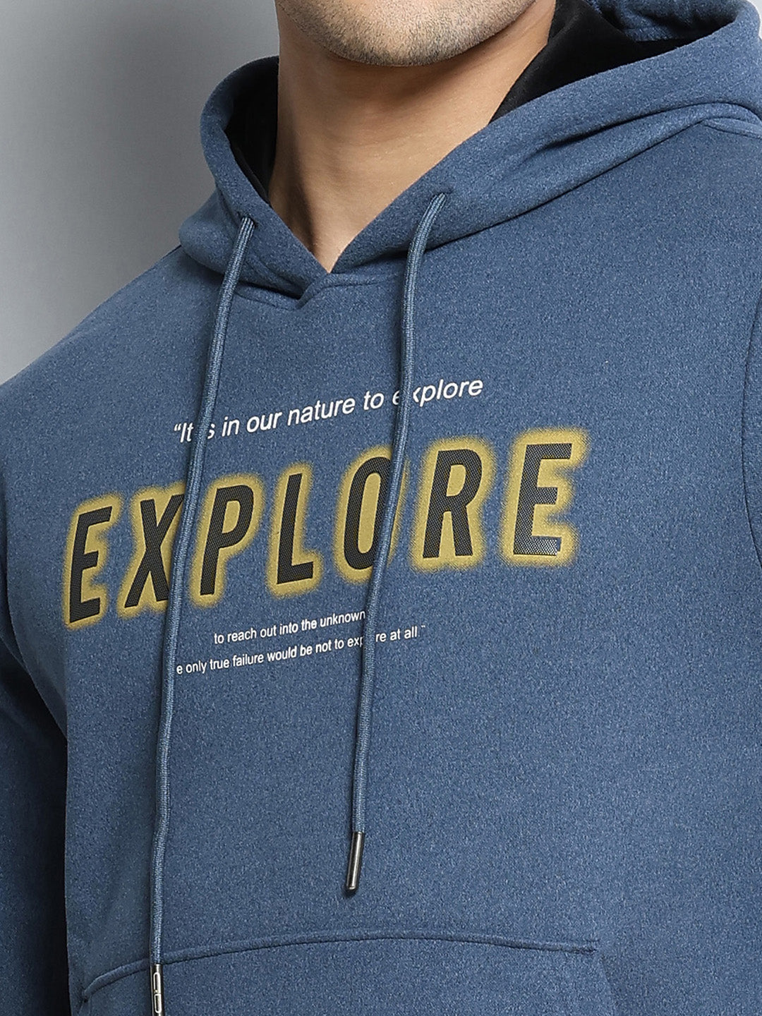 Men Blue Printed Hooded Full Sleeve Sweatshirt