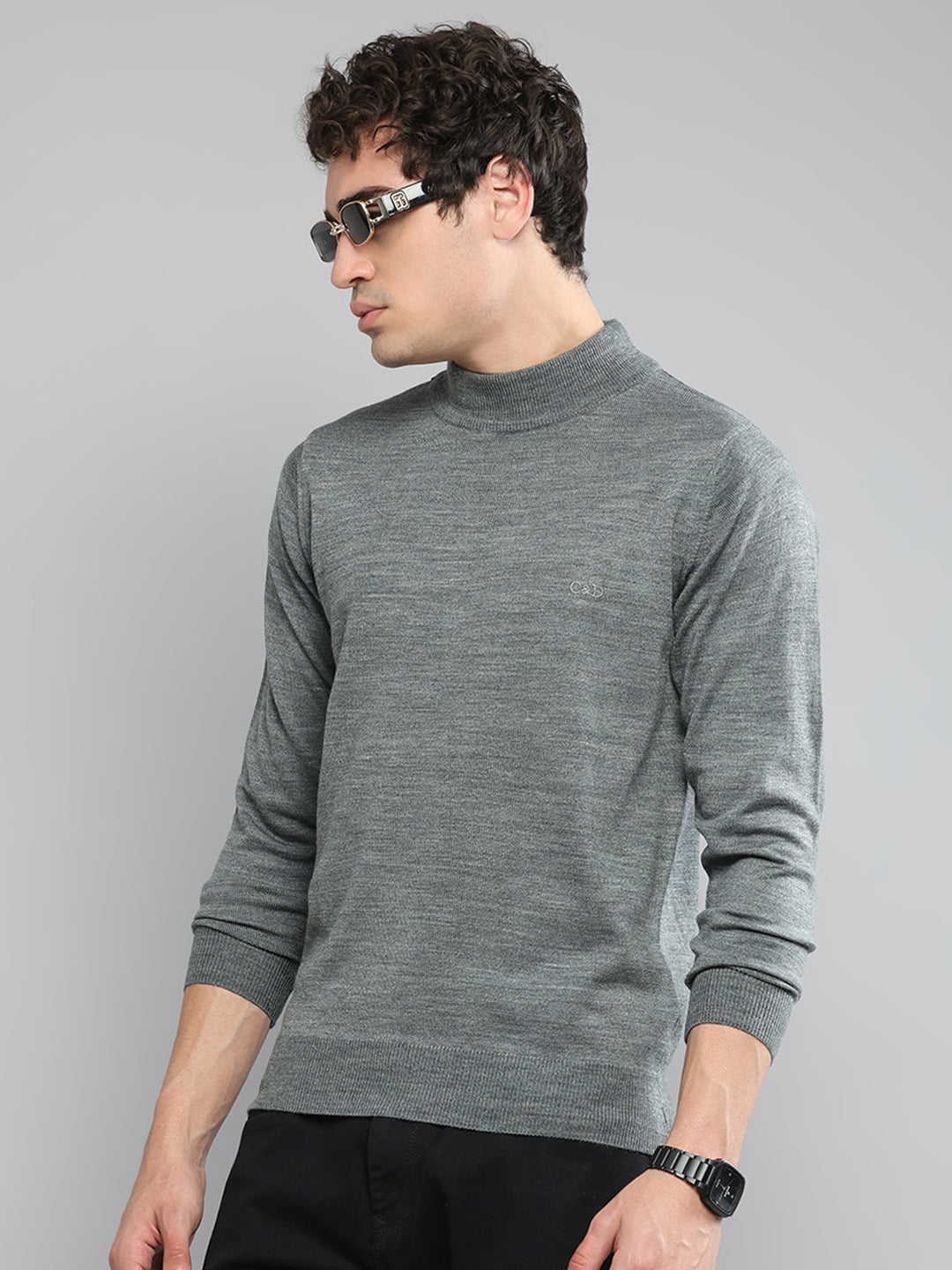 Men Grey Solid Turtle Neck Full Sleeve Pullover