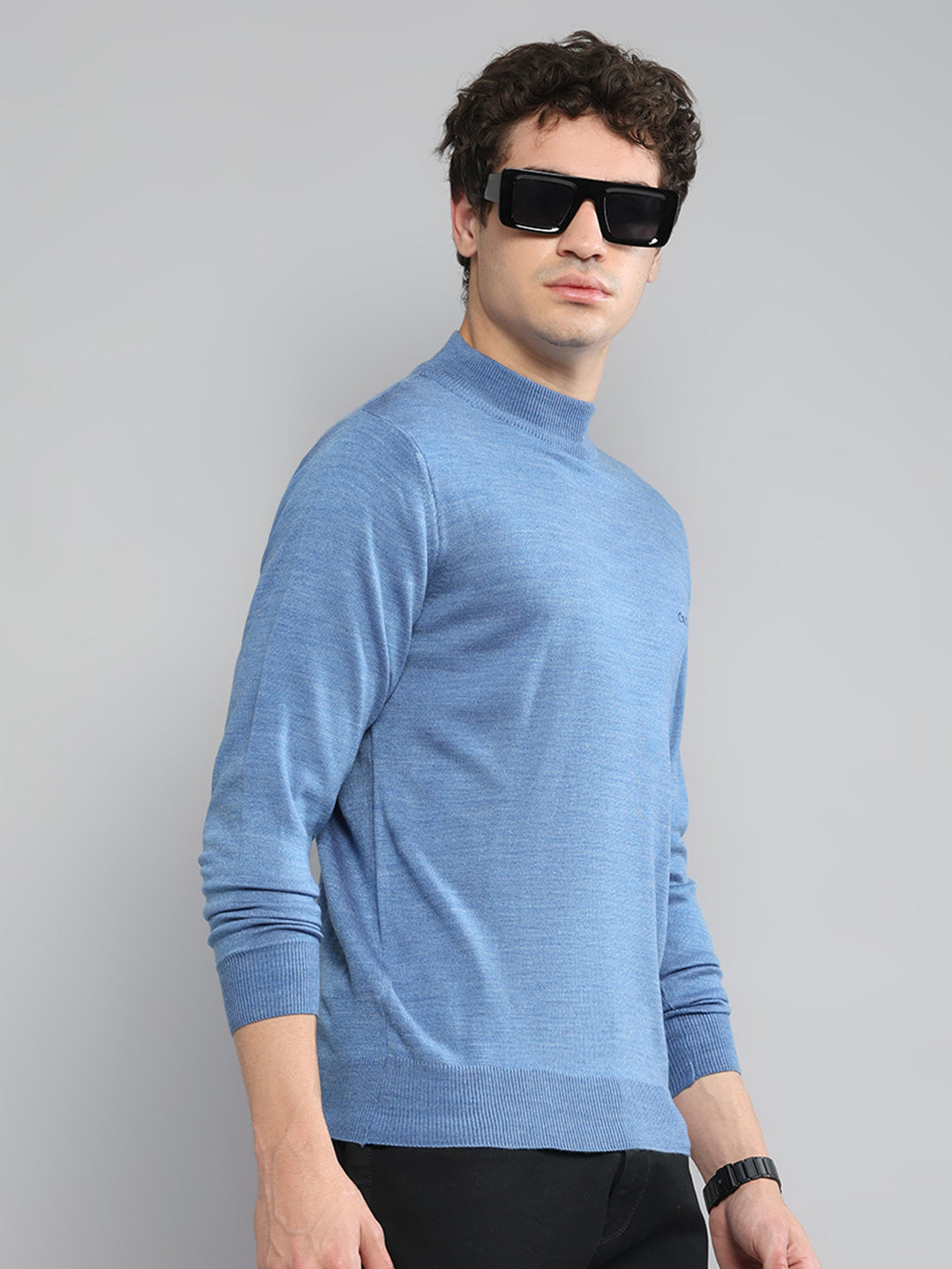 Men Blue Solid Turtle Neck Full Sleeve Pullover