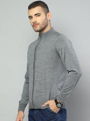 Men Grey Solid Collar Full Sleeve Pullover