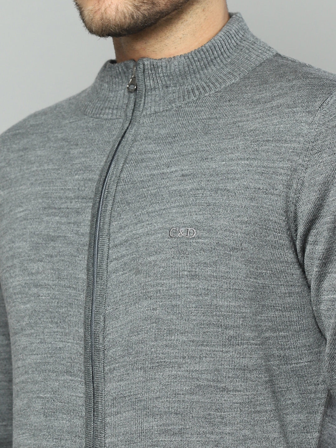 Men Grey Solid Collar Full Sleeve Pullover