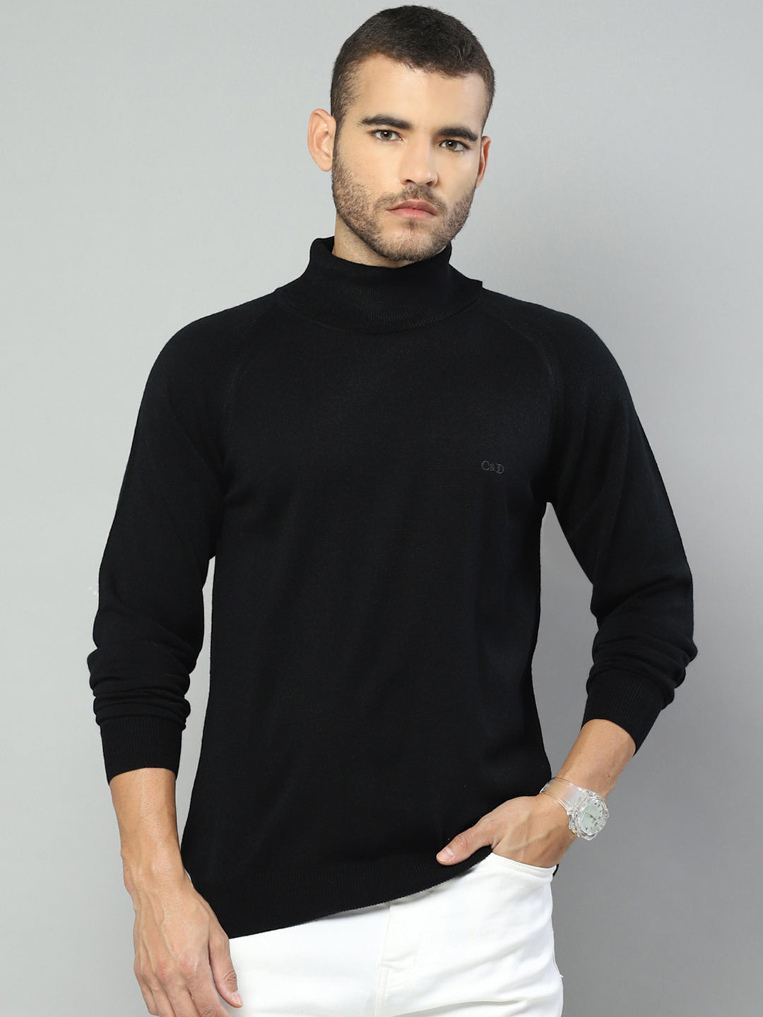 Men Black Solid High Neck Full Sleeve Pullover