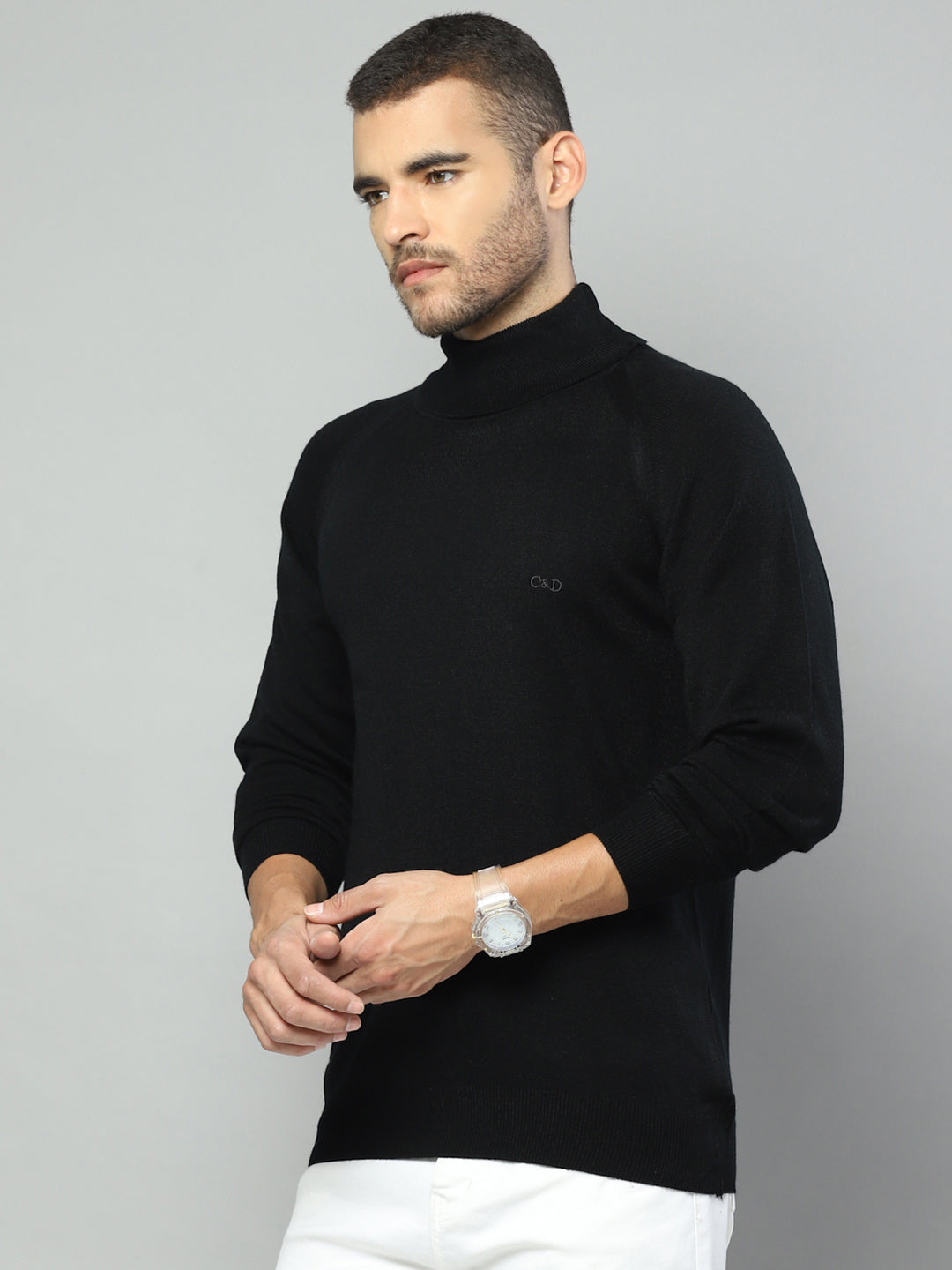 Men Black Solid High Neck Full Sleeve Pullover