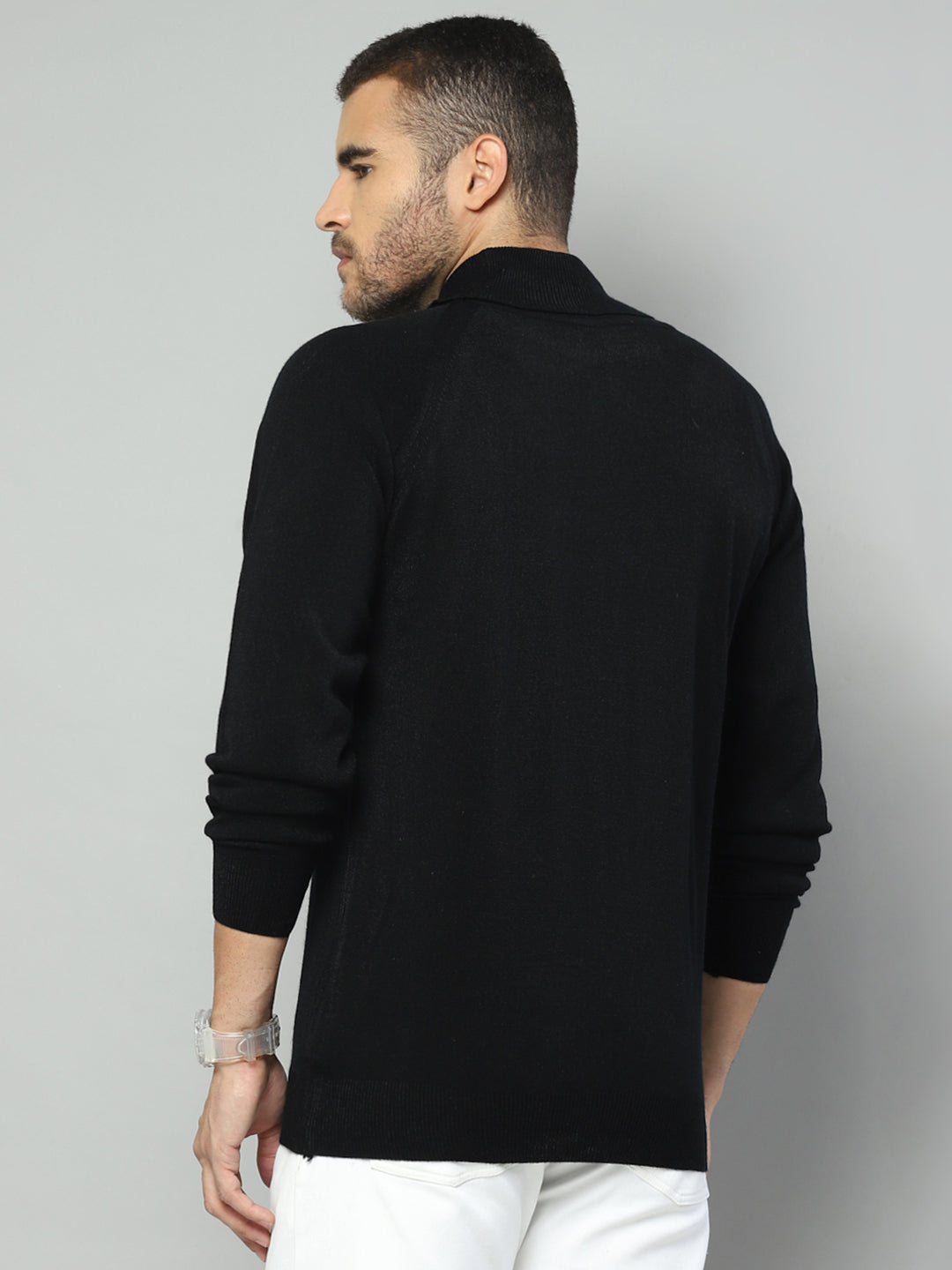 Men Black Solid High Neck Full Sleeve Pullover