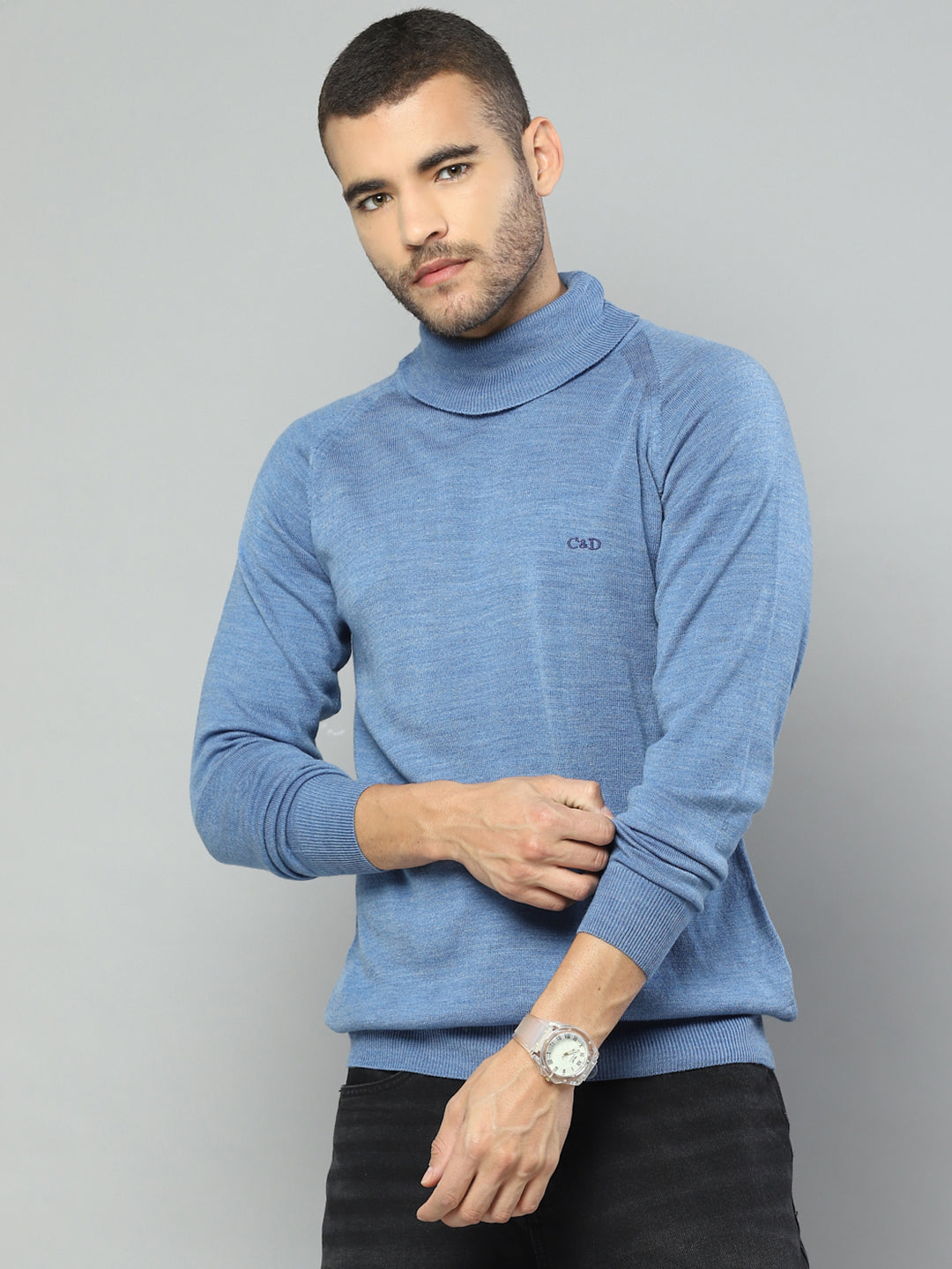 Men Blue Solid High Neck Full Sleeve Pullover