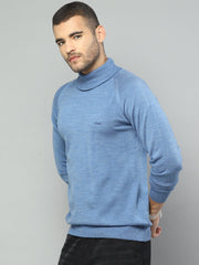 Men Blue Solid High Neck Full Sleeve Pullover